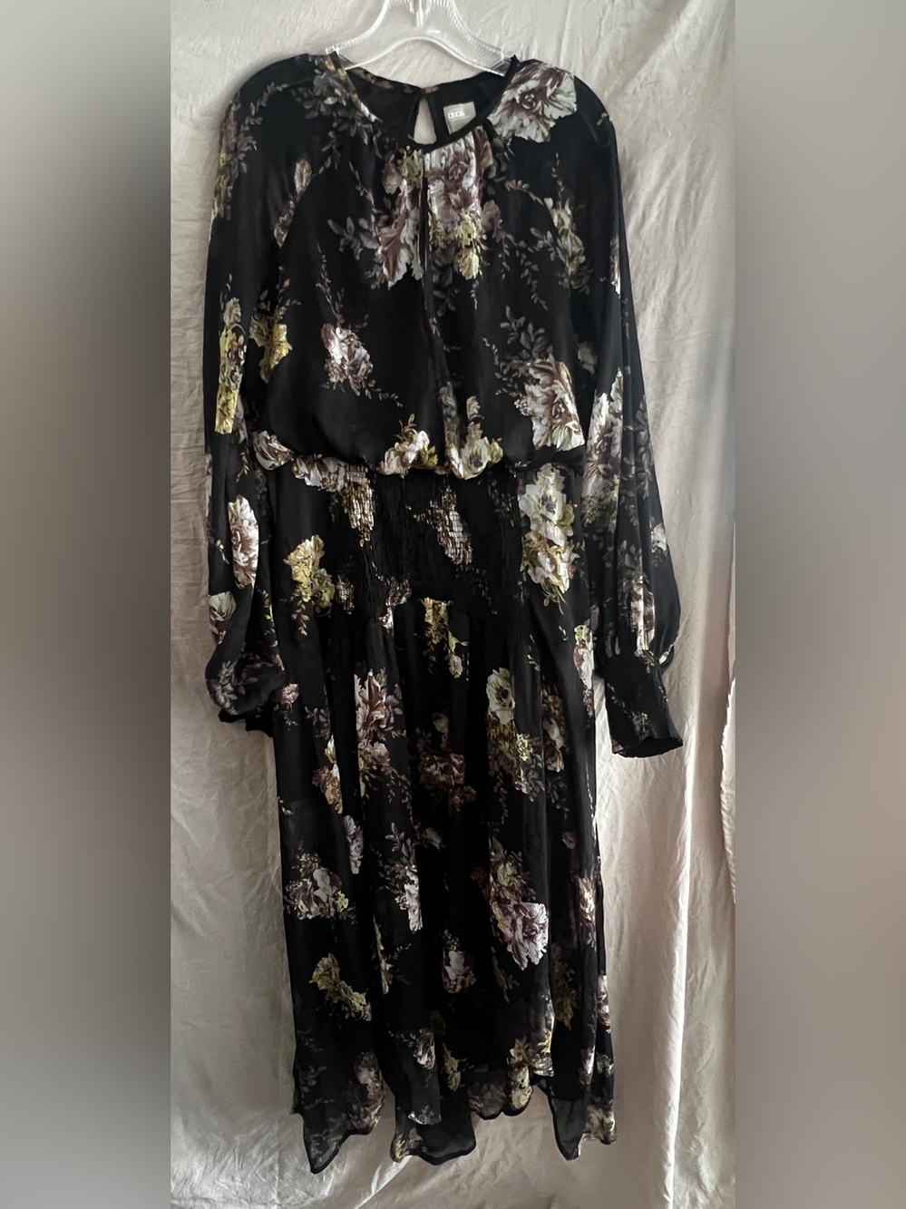 ASOS Black Floral Long Sleeve Midi Dress with Smocked Waist